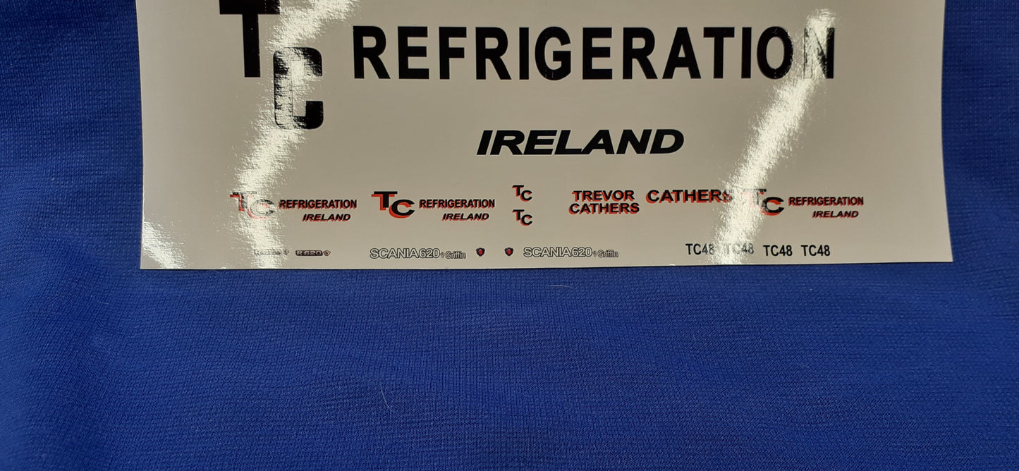 TC Refrigeration Ireland, Scania R620, 1:50 Scale Clear Waterslide Decals