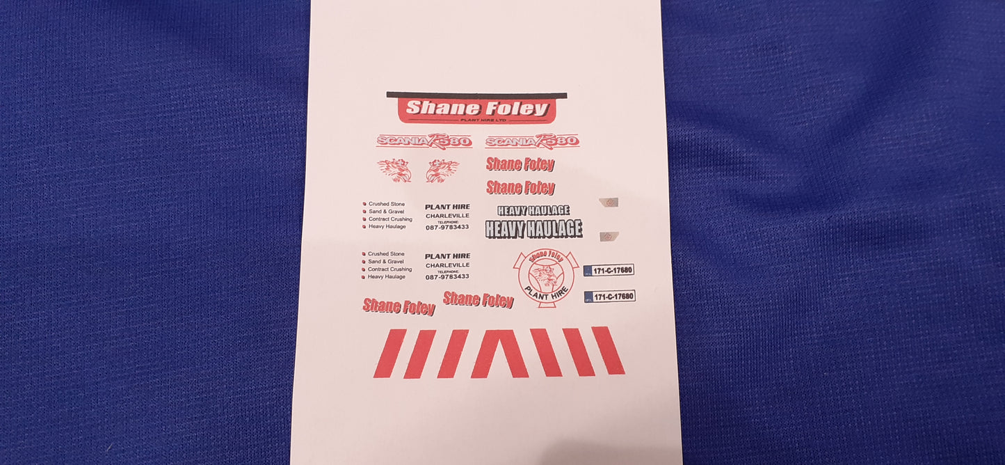 1:50 Scale Shane Foley Plant Hire Scania R580 Decals